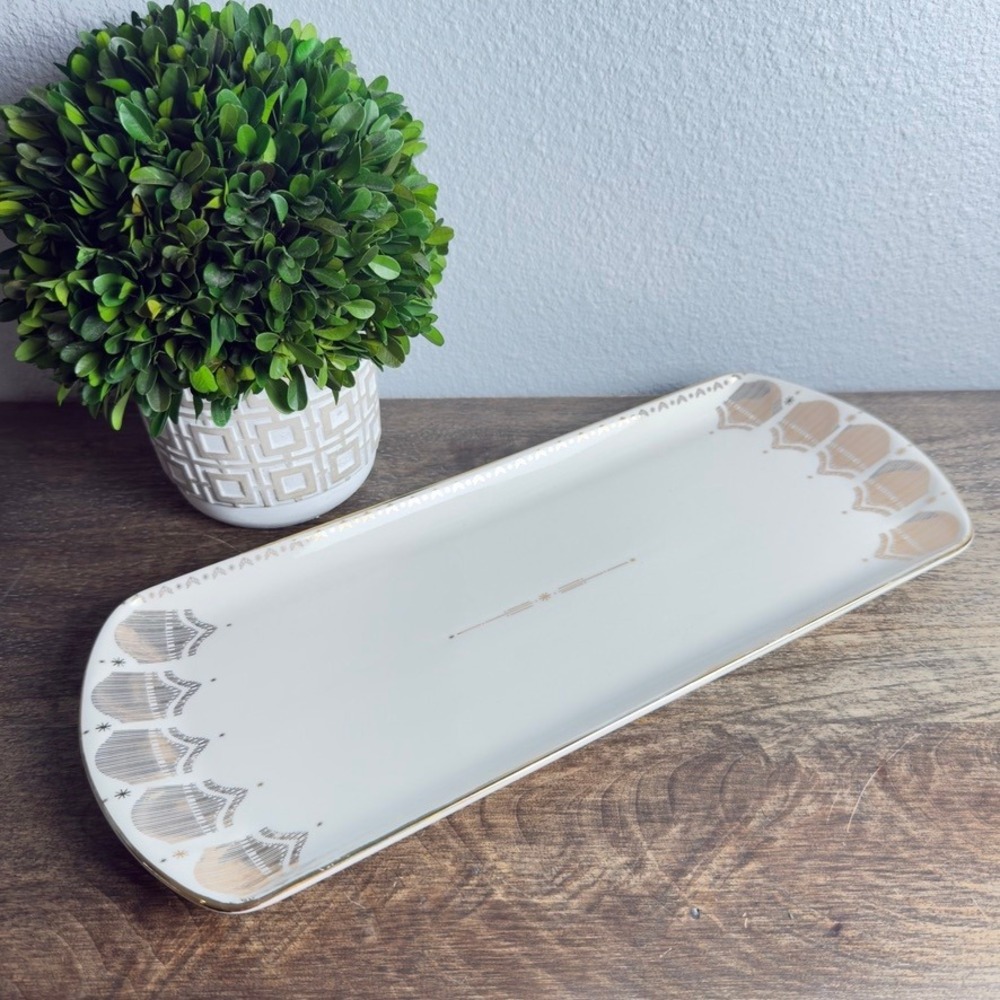Anthropologie Michele Platter Art Deco Gold Stoneware Serving Tray 16in